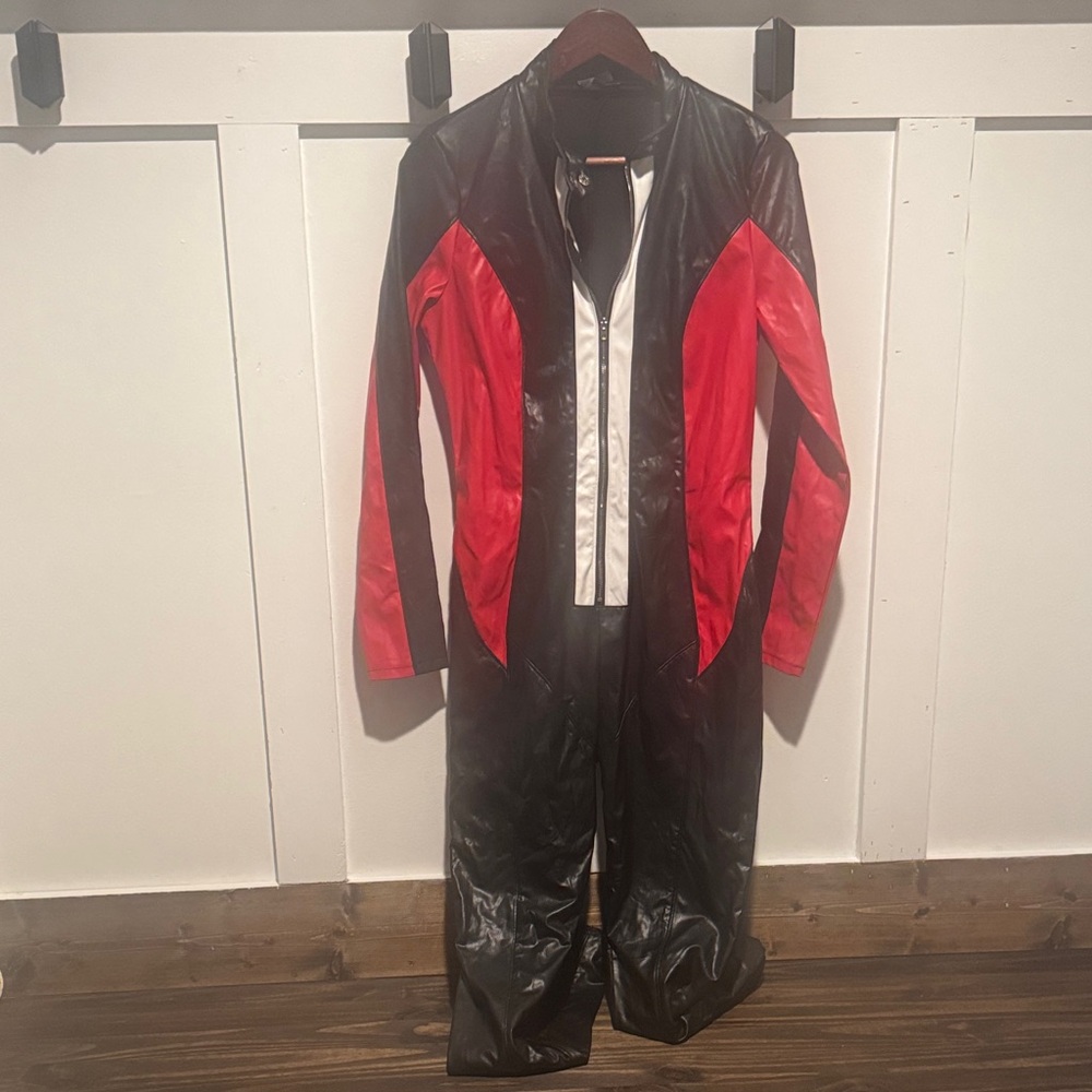 Fashion Nova Black Moto Miami Faux Leather Black and Red Performance Jumpsuit